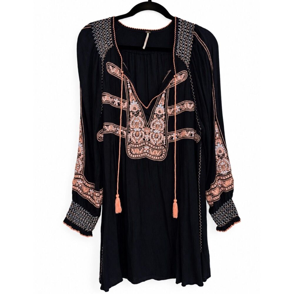 Free People Black Long-Sleeve Embroidered Tunic with Peach Accents - Picture 1 of 10